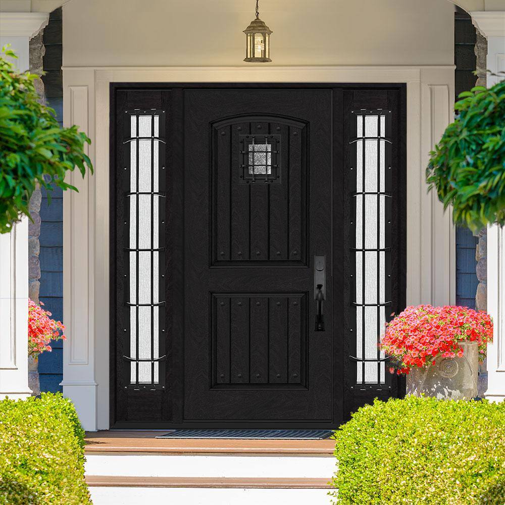 Steves & Sons Regency 68 in. x 80 in. 2-Panel Plank Cavalier Speakeasy LH Inswing Onyx Fiberglass Prehung Front Door with Double 14 in. Sidelites