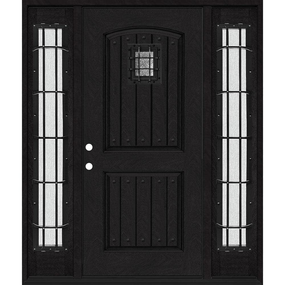 Steves & Sons Regency 68 in. x 80 in. 2-Panel Plank Cavalier Speakeasy RHIS Onyx Fiberglass Prehung Front Door with Double 14 in. Sidelites