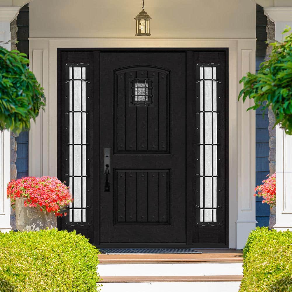 Steves & Sons Regency 68 in. x 80 in. 2-Panel Plank Cavalier Speakeasy RHIS Onyx Fiberglass Prehung Front Door with Double 14 in. Sidelites
