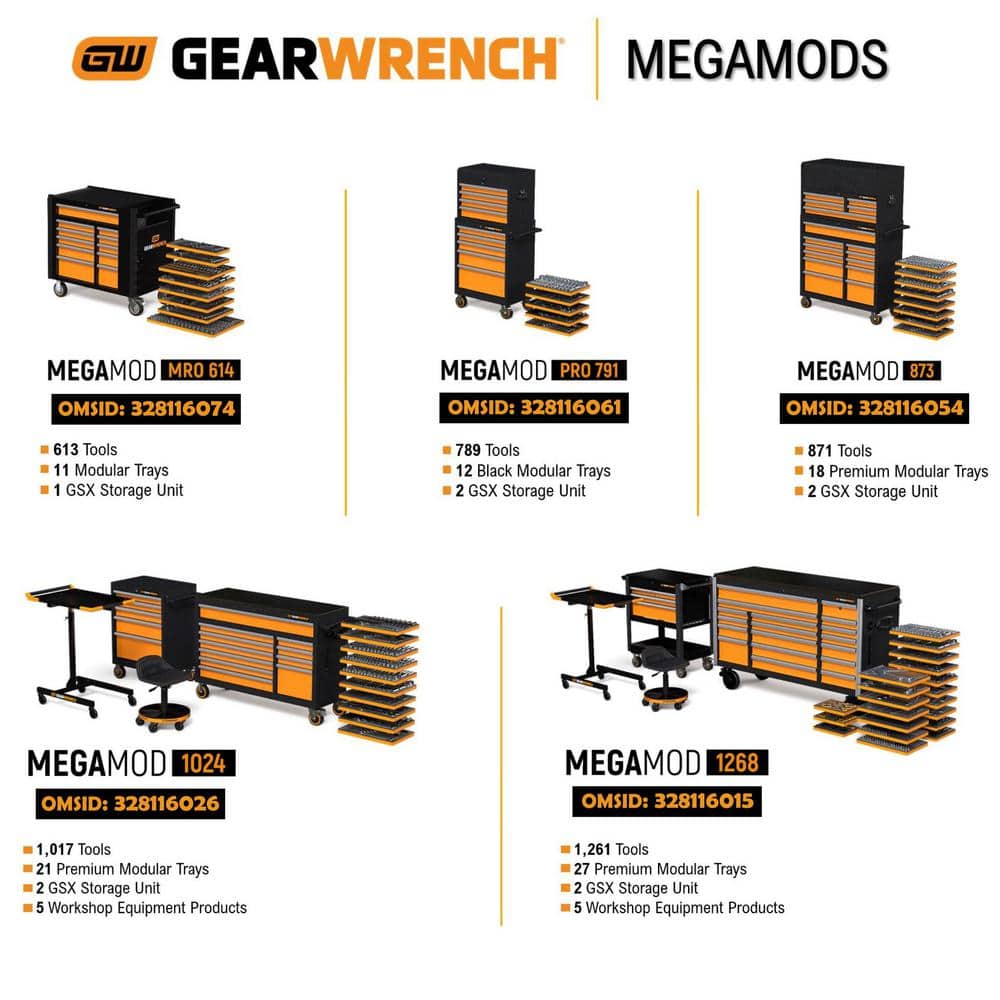 GEARWRENCH MEGAMOD 52 in. x 18 in. 11-Drawer Mobile Workbench Cabinet with Master Mechanics Tool Set in Foam Trays (1,024-Pieces)