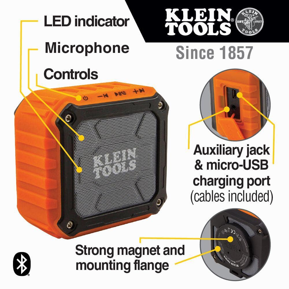 Klein Tools AEPJS1 Wireless Jobsite Speaker, IP45 Water/Dust Resistant, 3.5 in x 3.5 in x 2.13 in