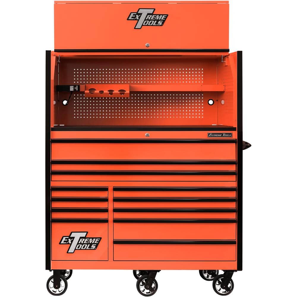 Extreme Tools RX Professional 55 in. W x 25 in. D 12-Drawer Roller Cabinet and Top Hutch Combo in Orange with Black Drawer Pulls