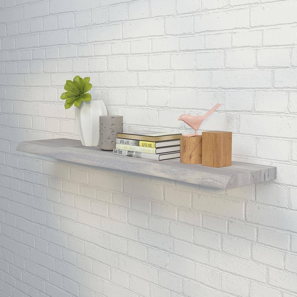 Interbuild Solid 3.9 ft. L x 10 in. D x 1.5 in. T, Acacia Butcher Block Countertop Floating Wall Shelf Organic White with Live Edge