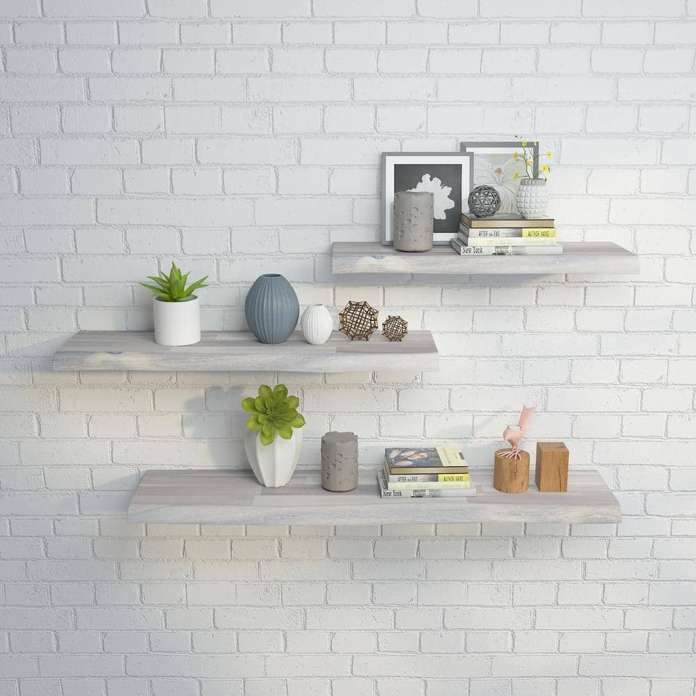 Interbuild Solid 3.9 ft. L x 10 in. D x 1.5 in. T, Acacia Butcher Block Countertop Floating Wall Shelf Organic White with Live Edge