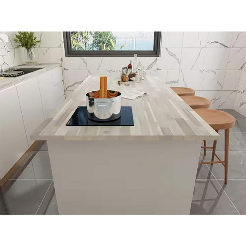 Interbuild 6.2 ft. L x 36 in. D, Acacia Butcher Block Island Countertop, Finished in Organic White with Square Edge