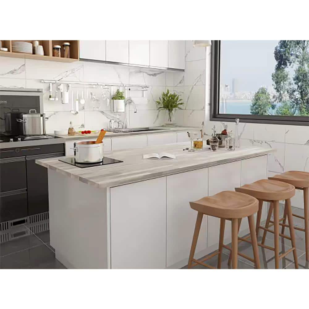 Interbuild 6.2 ft. L x 36 in. D, Acacia Butcher Block Island Countertop, Finished in Organic White with Square Edge