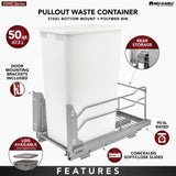 Rev-A-Shelf 50-Quart Plastic Pull-Out Trash Can, Orion Gray, Soft-Close, 11.01 in W x 22.25 in D x 22.88 in H