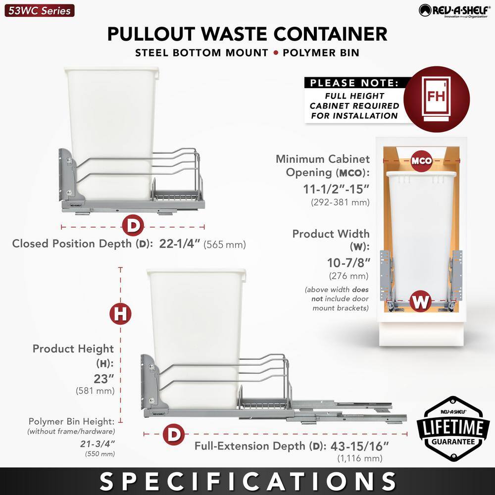 Rev-A-Shelf 50-Quart Plastic Pull-Out Trash Can, Orion Gray, Soft-Close, 11.01 in W x 22.25 in D x 22.88 in H