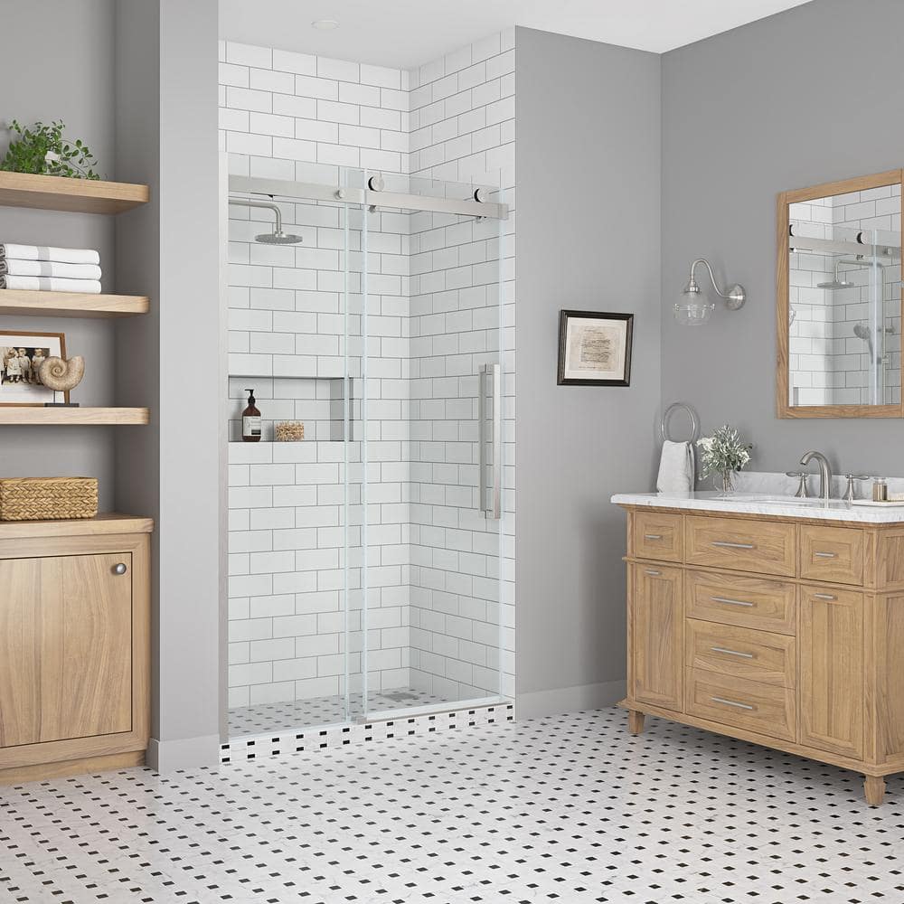 OVE Decors Bel Soft Close 48 in. W x 78.75 in. H Alcove Sliding Frameless Shower Door in Satin Nickel