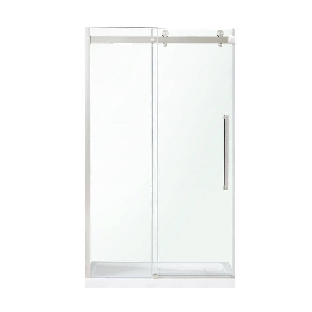 OVE Decors Bel Soft Close 48 in. W x 78.75 in. H Alcove Sliding Frameless Shower Door in Satin Nickel