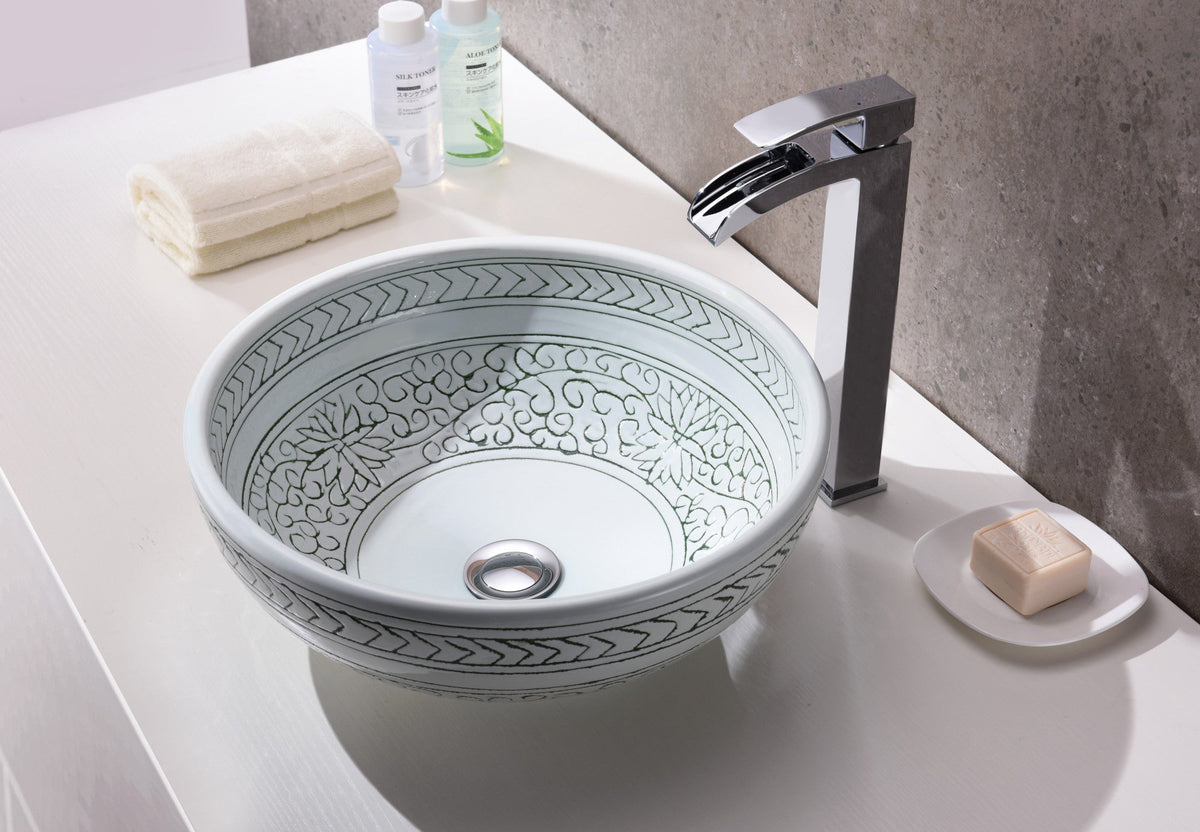 ANZZI Cadence Series 16.1-in Round Bathroom Vessel Sink, Décor White, Deco-Glass, Pop-Up Drain Included
