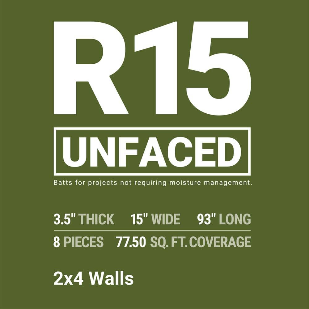 Owens Corning R-15 Unfaced Fiberglass Insulation Batts, 3.5 in. x 15 in. x 93 in., 8 Pieces (77.5 sq. ft./Bag)