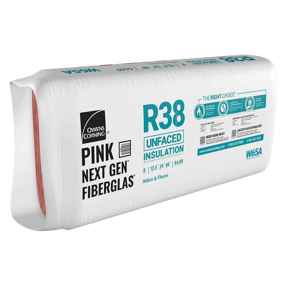Owens Corning R-38 Unfaced Fiberglass Insulation Batts, 12.5 in. x 24 in. x 48 in. (8-Piece, 64 sq. ft. Coverage)
