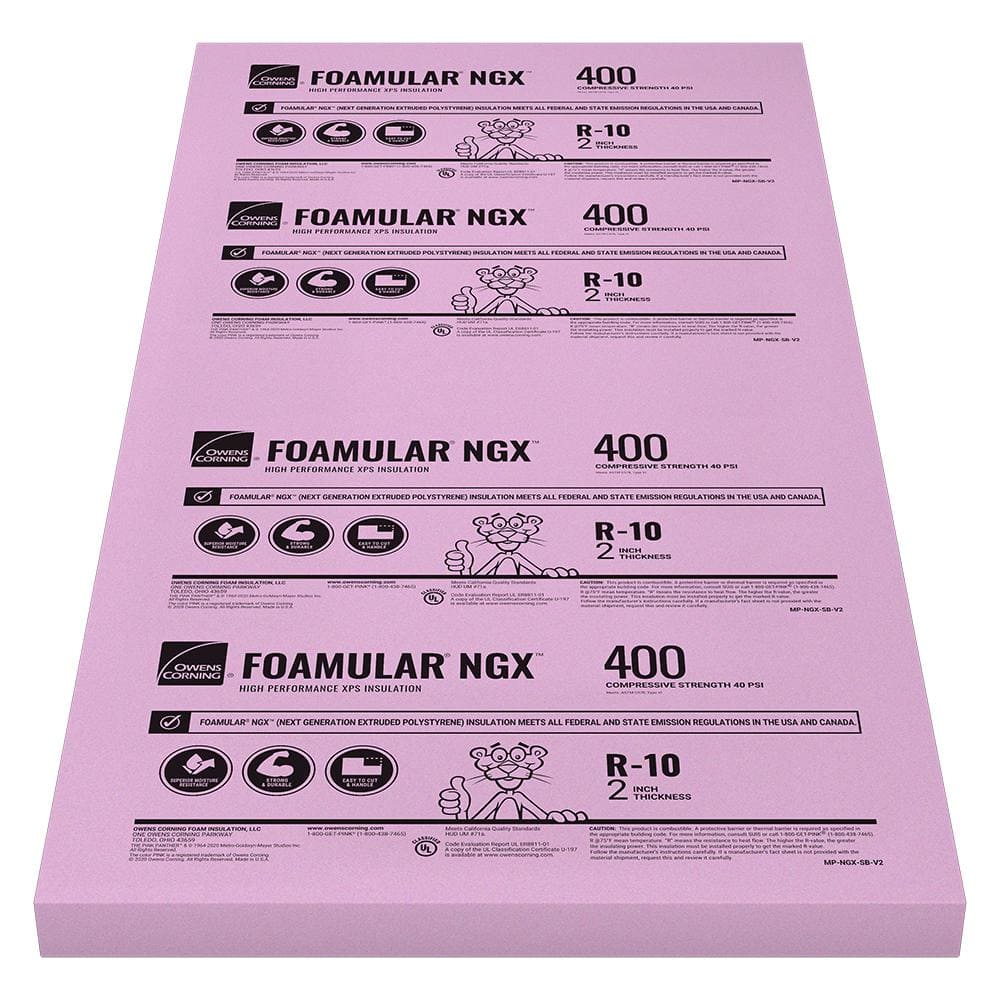 Owens Corning FOAMULAR 400 R-10 XPS Foam Board Insulation, 2 in x 4 ft x 8 ft, Square Edge (40 psi)