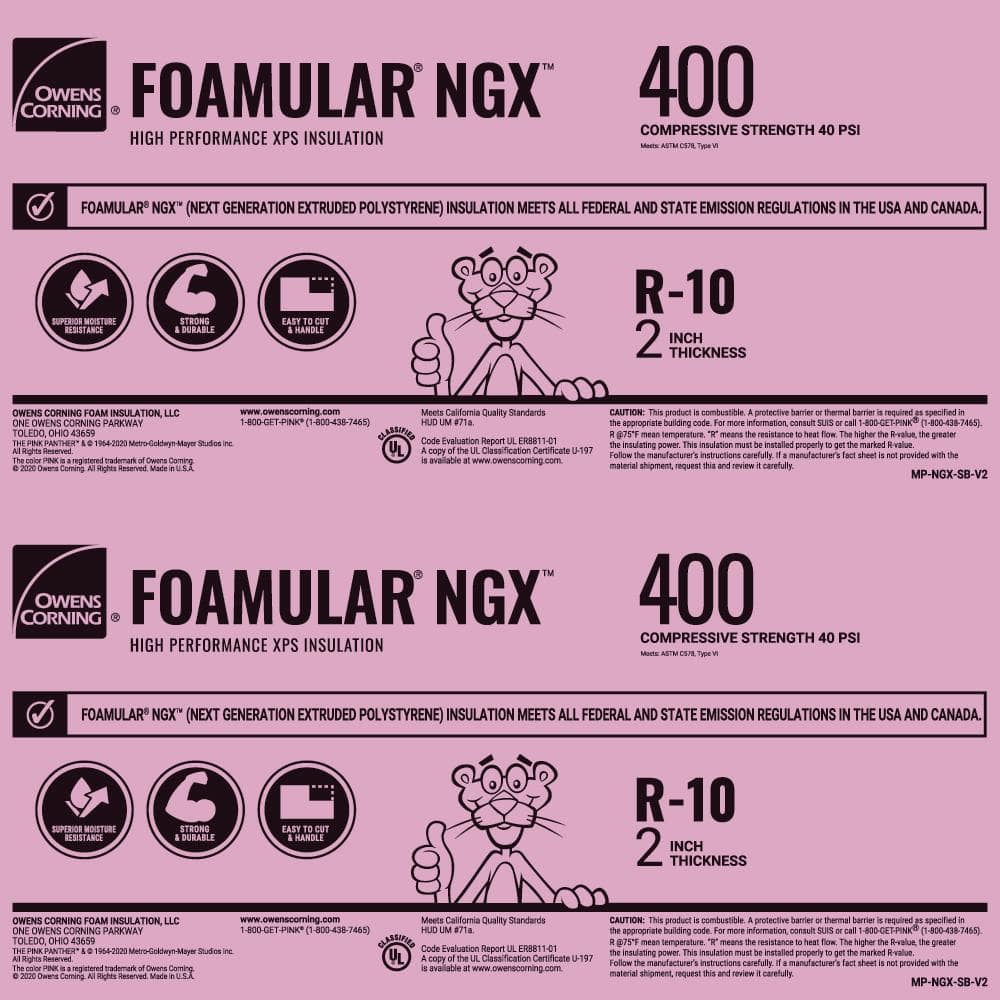 Owens Corning FOAMULAR 400 R-10 XPS Foam Board Insulation, 2 in x 4 ft x 8 ft, Square Edge (40 psi)