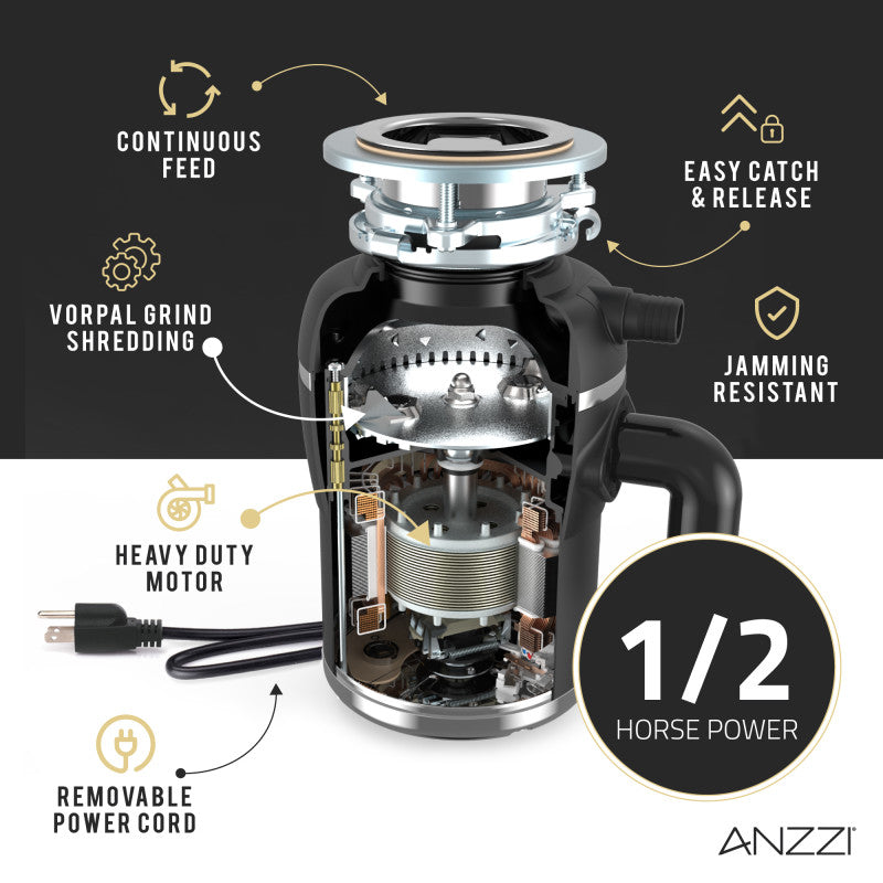 ANZZI MEDUSA 1/2 HP Continuous Feed Undersink Garbage Disposal, GD-AZ212