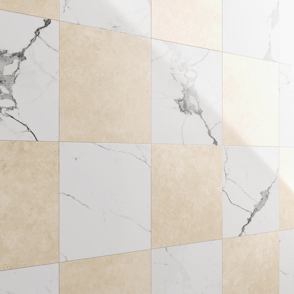 Fortunato Calacatta and Marfil 12x12 Polished Porcelain Checkerboard Tile