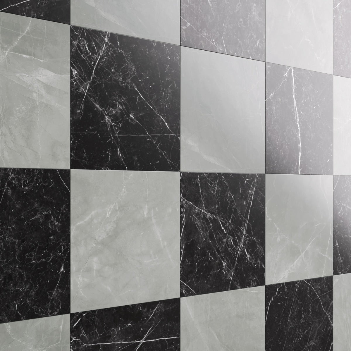 Fortunato Amani Gray and Nero Marquina Black 12x12 Polished Porcelain Checkerboard Tile