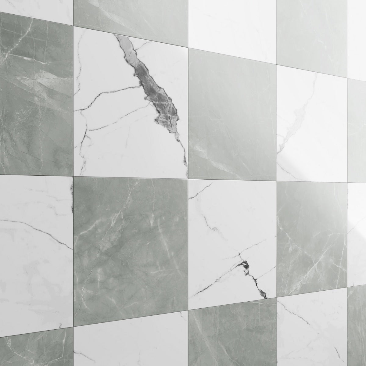 Fortunato Amani Gray and Calacatta White 12x12 Polished Porcelain Checkerboard Tile