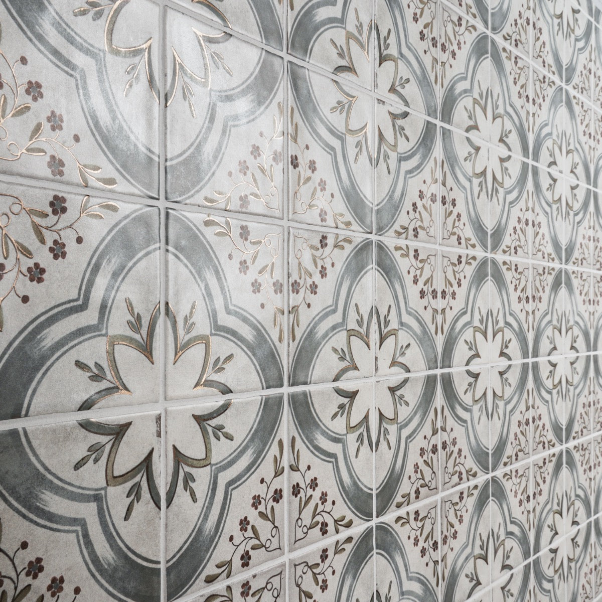 Paula Purroy Talia Blossom Blue Gray with Gold 5x5 Matte Ceramic Tile