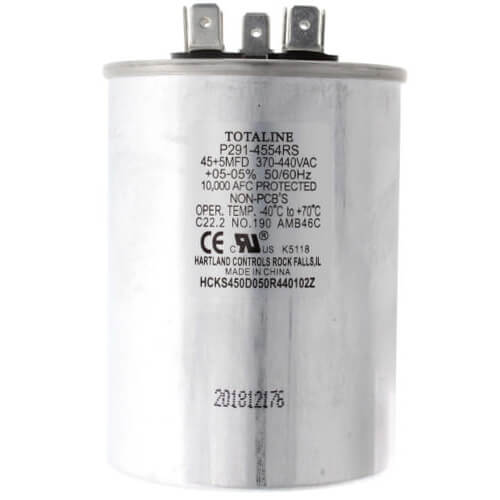 Carrier P291-4554RS capacitor - front view (MFD: 45 (Compressor), 5 (Fan); Product Type: Capacitor)
