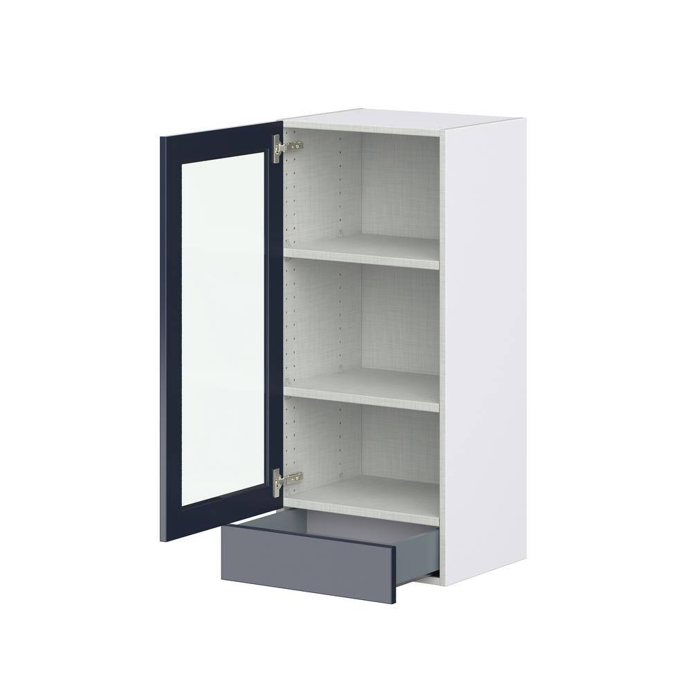J COLLECTION 18 in. W x 40 in. H x 14 in. D Devon Painted Blue Recessed Assembled Wall Kitchen Cabinet with Glass Door and Drawer