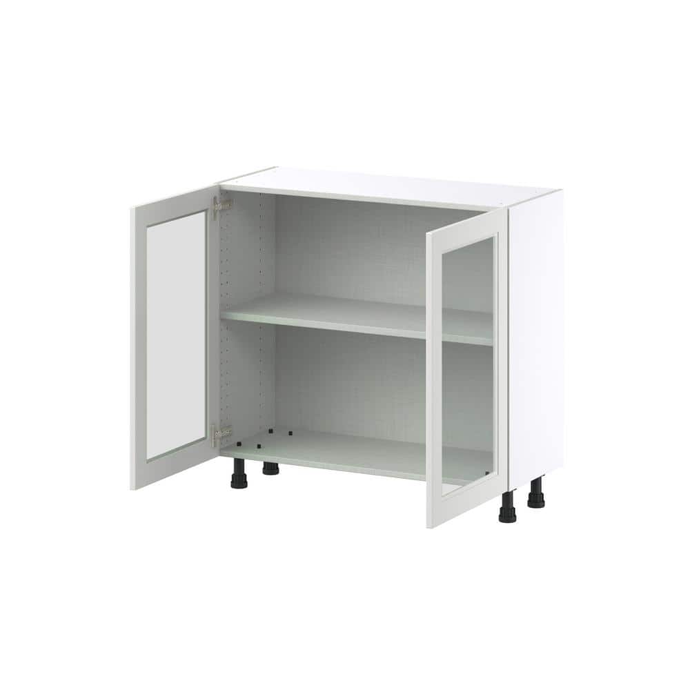 J COLLECTION 36 in. W x 14 in. D x 34.5 in. H Alton Painted White Shaker Assembled Shallow Base Kitchen Cabinet with Glass Doors