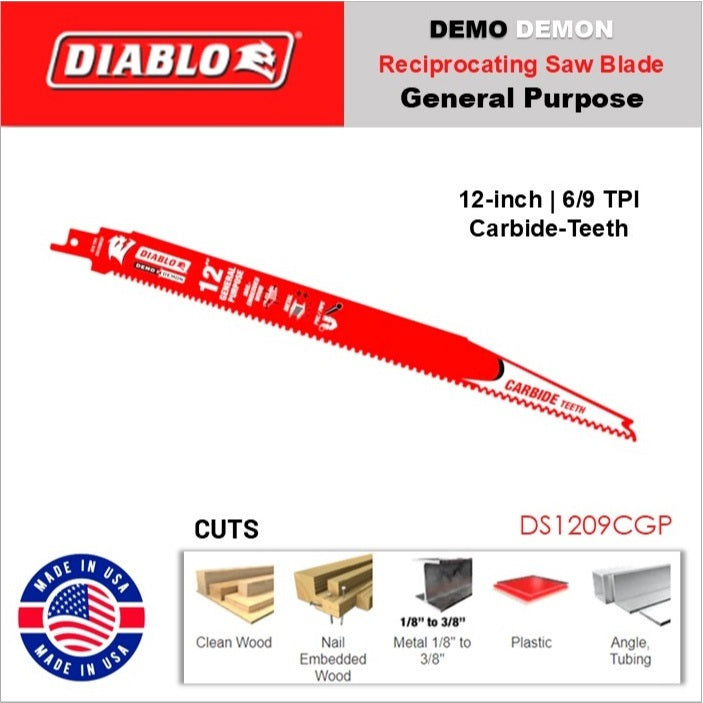 Diablo Demo Demon Carbide Teeth Reciprocating Saw Blade for General Purpose Cuts 12" 6/9 TPI