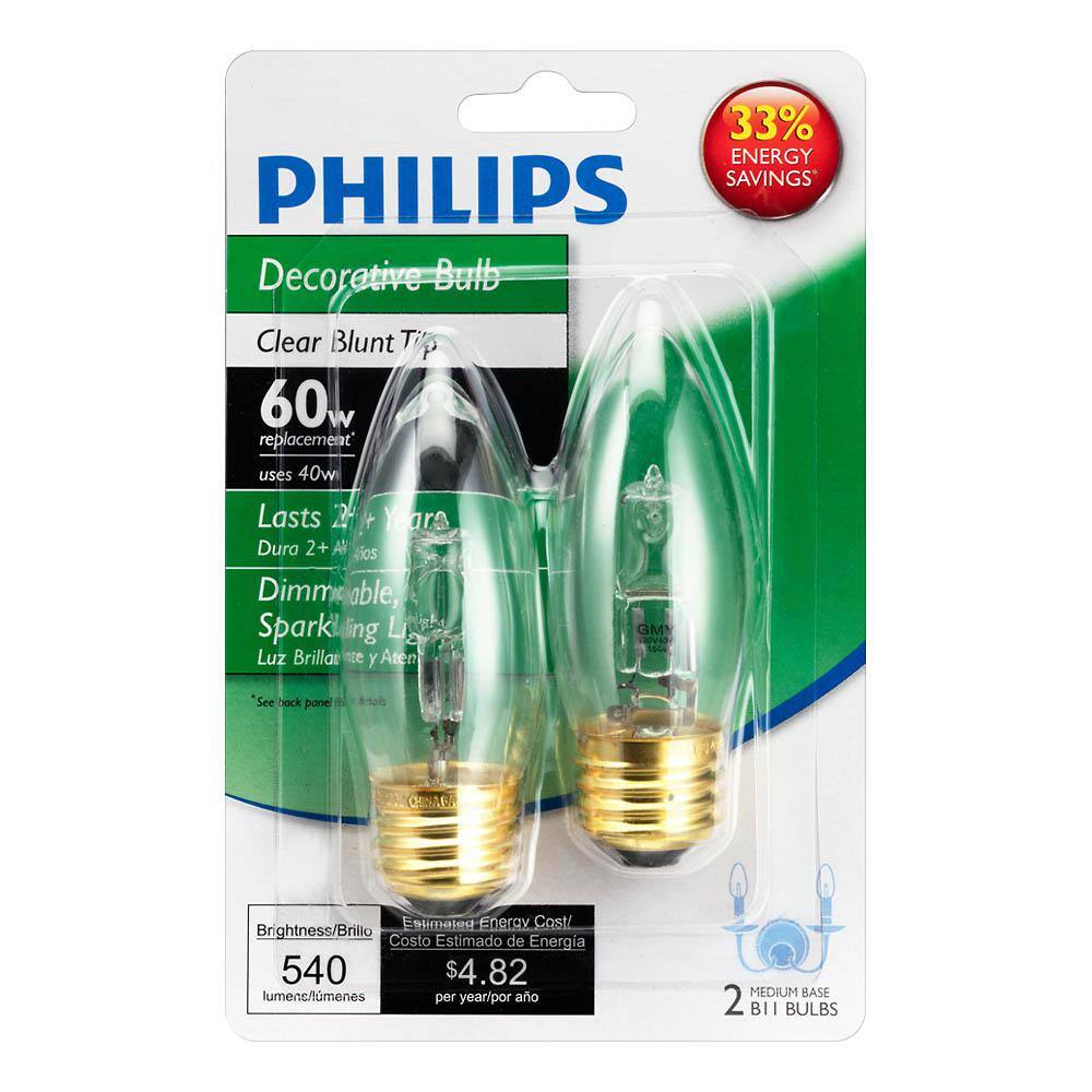 Philips 40-Watt Equivalent BA11 Halogen Bent Tip Candle Light Bulb (2-Pack)