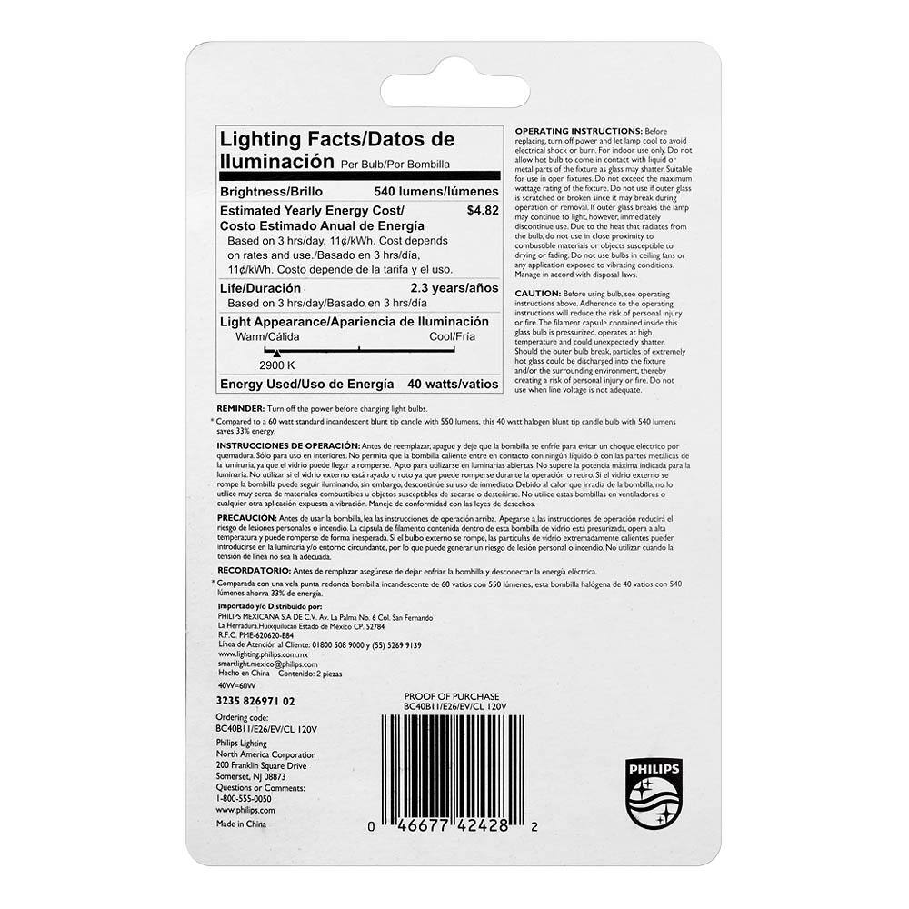 Philips 40-Watt Equivalent BA11 Halogen Bent Tip Candle Light Bulb (2-Pack)
