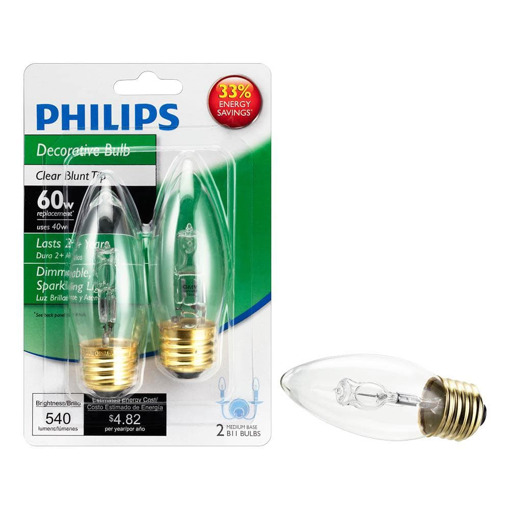 Philips 40-Watt Equivalent BA11 Halogen Bent Tip Candle Light Bulb (2-Pack)