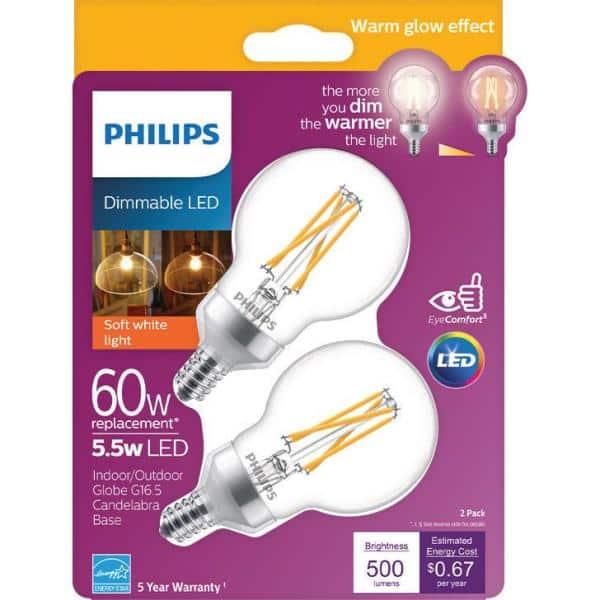 Philips 60-Watt Equivalent G16.5 Dimmable LED Light Bulb with Warm Glow Dimming Effect, Soft White (2-Pack)