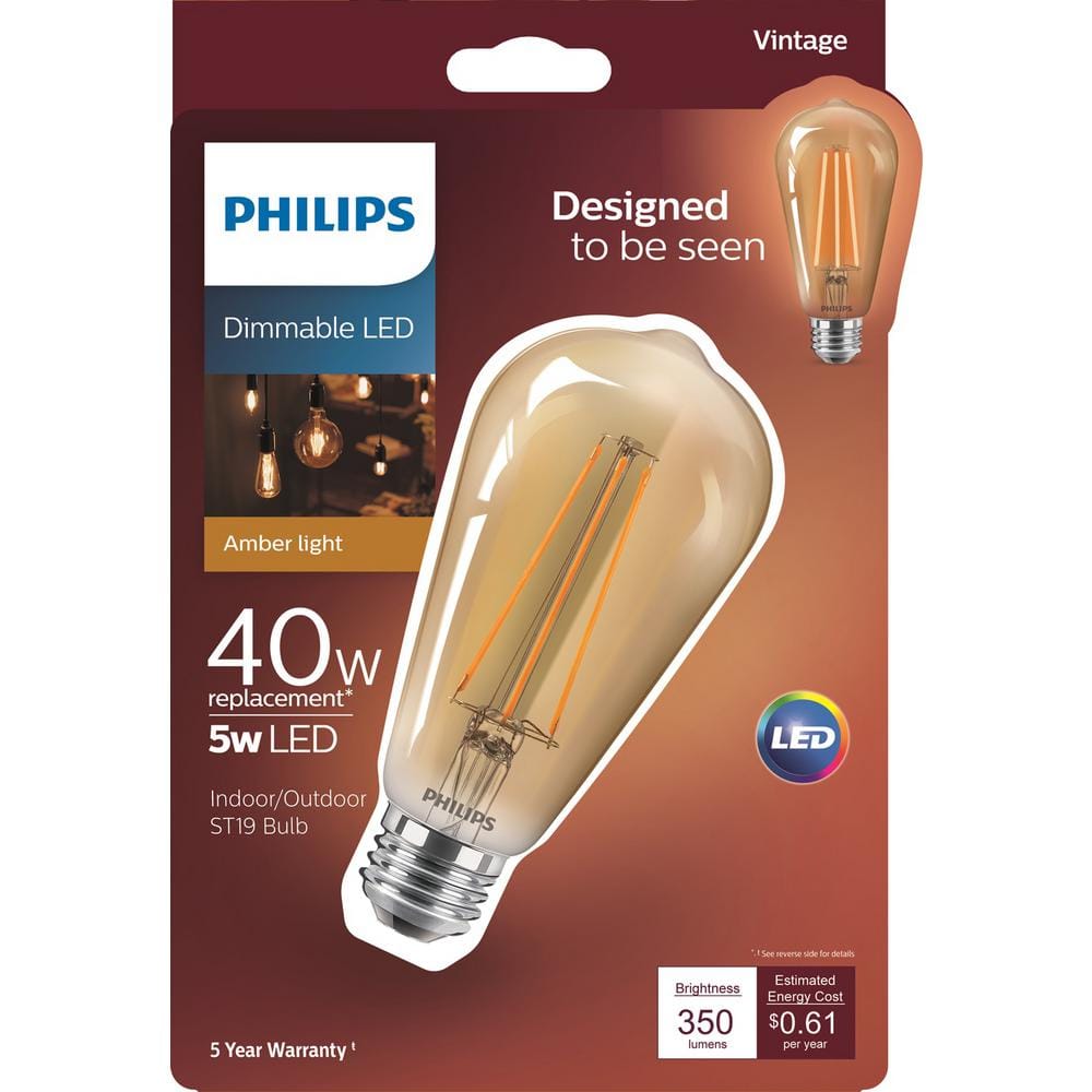 Philips 40-Watt Equivalent ST19 Dimmable Vintage Glass Edison LED Light Bulb, Amber Warm White 2000K (1-Bulb)