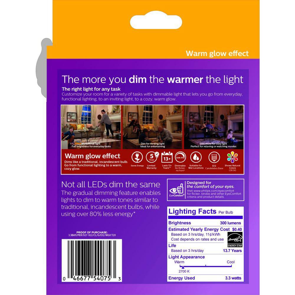 Philips 40-Watt Equivalent B11 Dimmable Warm Glow Bent Tip E12 Candle LED Light Bulb, Soft White 2700K (12-Pack)