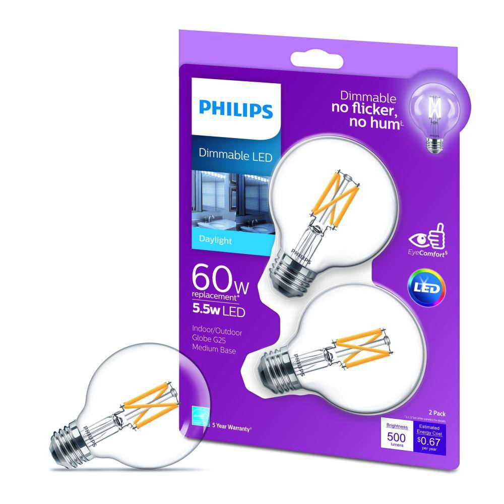 Philips 60-Watt Equivalent G25 Dimmable Daylight LED Light Bulb (2-Pack)