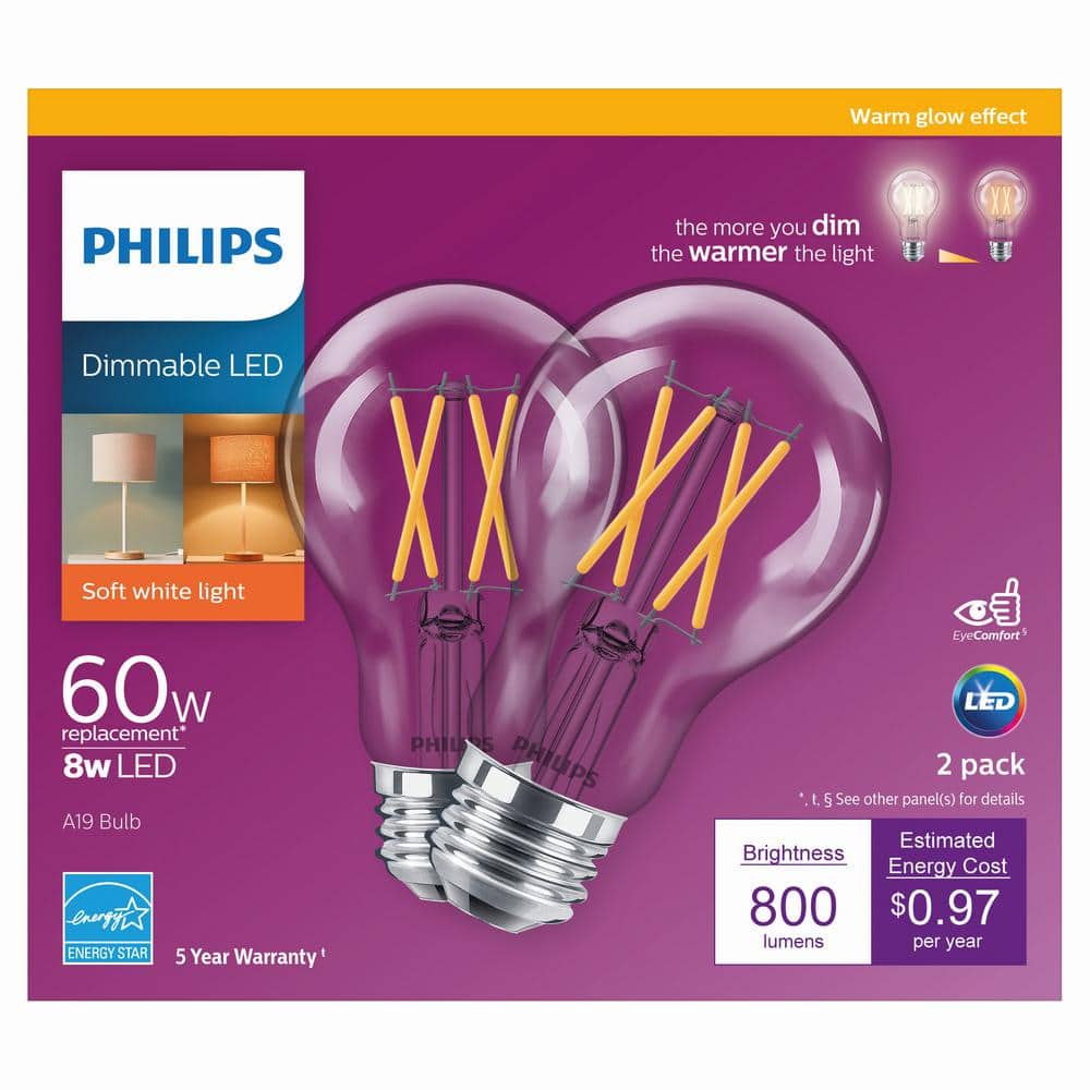 Philips 60-Watt Equivalent A19 Dimmable LED Bulb with Warm Glow, Clear Glass, Soft White 2700K (2-Pack)