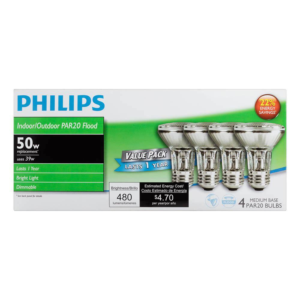 Philips 39-Watt Equivalent Halogen PAR20 Dimmable Flood Light Bulb (4-Pack)