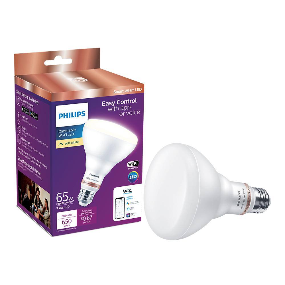 Philips Soft White BR30 LED 65-Watt Equivalent Dimmable Smart Wi‑Fi WiZ Connected Light Bulb (2‑Pack)