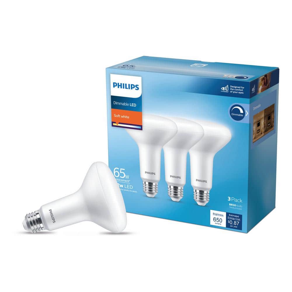 Philips 65-Watt Equivalent BR30 Dimmable LED Flood Light Bulbs, Soft White 2700K (3-Pack)