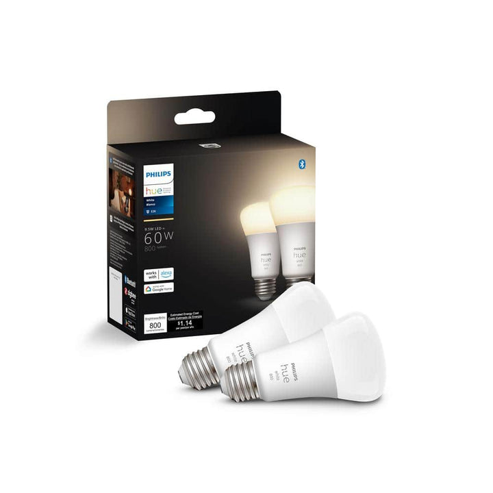 Philips Hue White A19 LED 60W Equivalent Dimmable Smart Wireless Light Bulb (2 Pack)