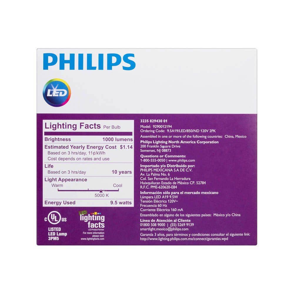 Philips 75-Watt Equivalent A19 Non-Dimmable Energy Saving LED Light Bulb, Daylight 5000K (2-Pack)