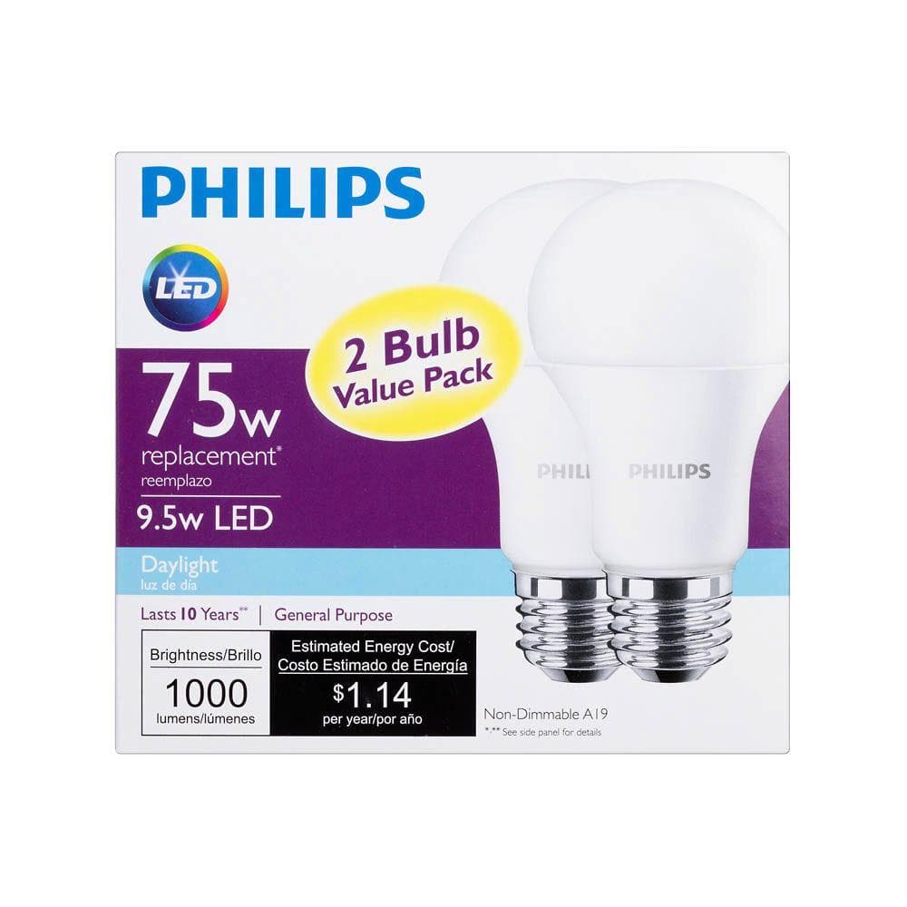 Philips 75-Watt Equivalent A19 Non-Dimmable Energy Saving LED Light Bulb, Daylight 5000K (2-Pack)