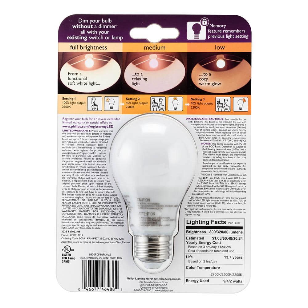 Philips 60-Watt Equivalent A19 SceneSwitch LED Light Bulb, Soft White 2700K / Amber 2500K / Warm Glow 2200K, 4-Pack