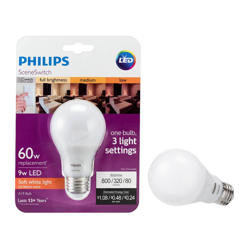 Philips 60-Watt Equivalent A19 SceneSwitch LED Light Bulb, Soft White 2700K / Amber 2500K / Warm Glow 2200K, 4-Pack