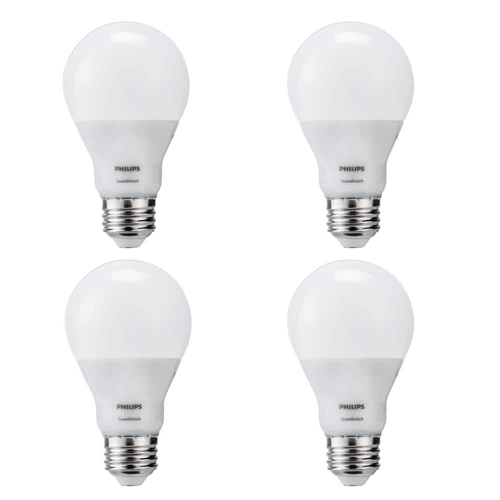 Philips 60-Watt Equivalent A19 SceneSwitch LED Light Bulb, Soft White 2700K / Amber 2500K / Warm Glow 2200K, 4-Pack