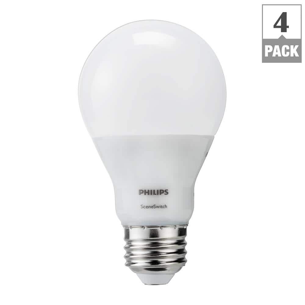Philips 60-Watt Equivalent A19 SceneSwitch LED Light Bulb, Soft White 2700K / Amber 2500K / Warm Glow 2200K, 4-Pack