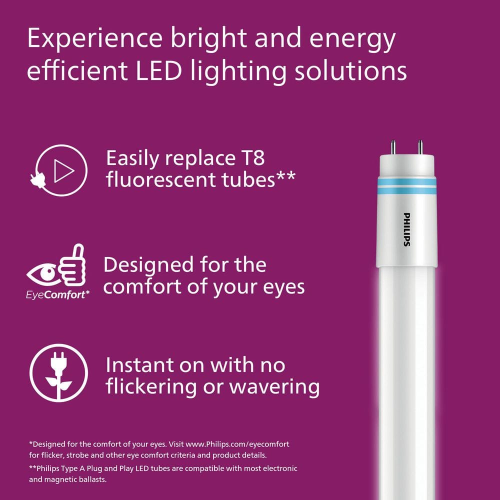 Philips 32W T8/40W T12 Equivalent 4 ft. Universal Fit LED Tube Light Bulbs, Daylight 5000K (2-Pack)