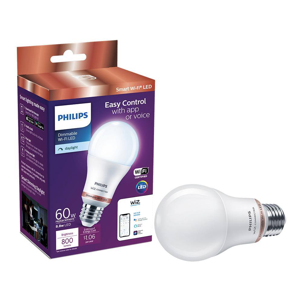 Philips Daylight A19 LED 60-Watt Equivalent Dimmable Smart Wi‑Fi WiZ Connected Wireless Light Bulb (2‑Pack)