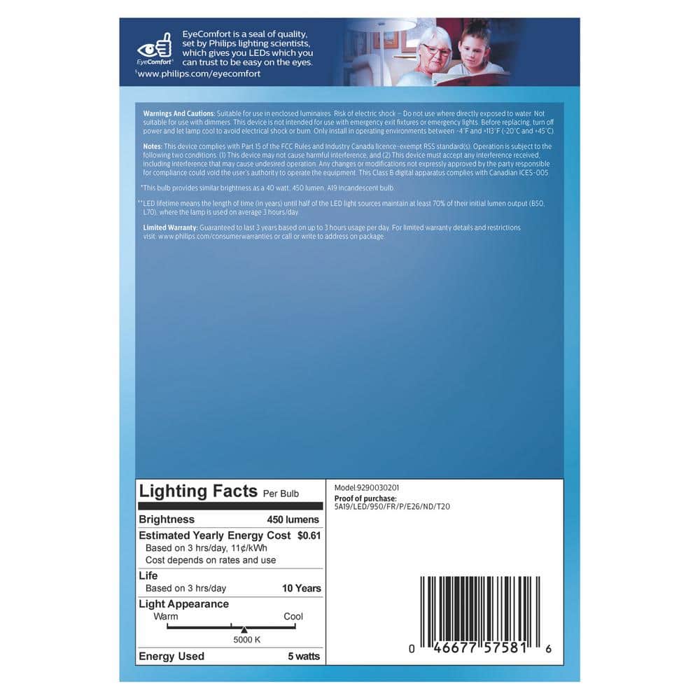 Philips 40-Watt Equivalent A19 Non‑Dimmable Energy‑Saving Frosted Classic Glass LED Light Bulb, Daylight 5000K (8‑Pack)