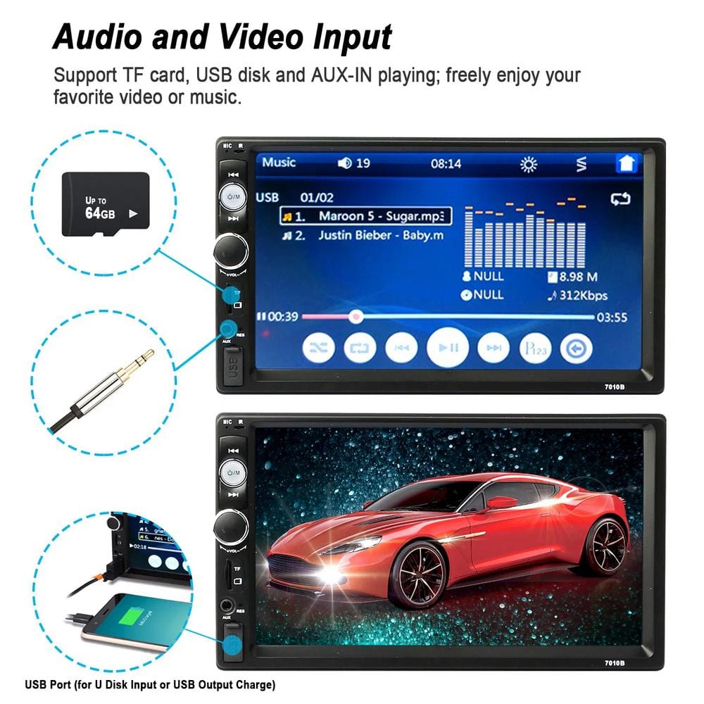 phyfalip 7 in. Universal Wireless Car MP5 1080P Video Player